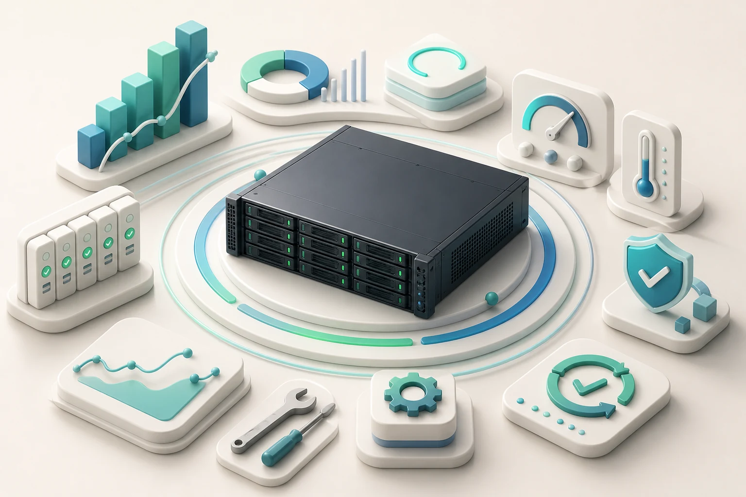 Storage server surrounded by health and performance indicators