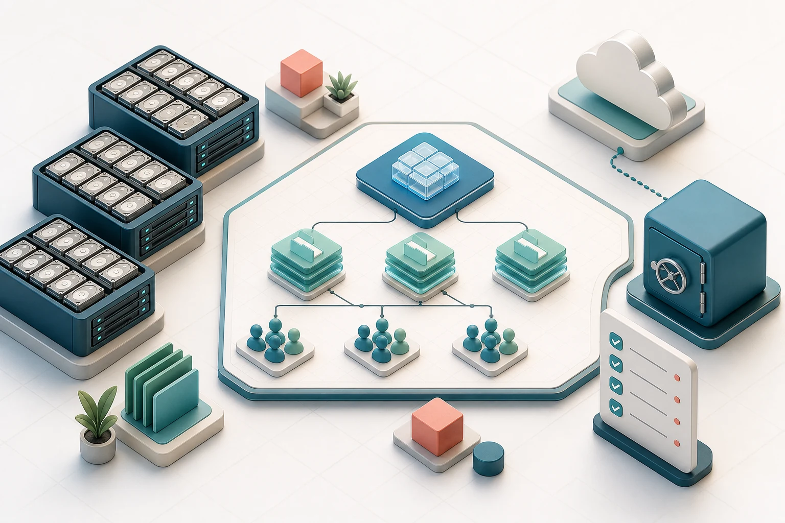 Isometric storage planning board with drive groups, datasets, users, backup target, and checklist