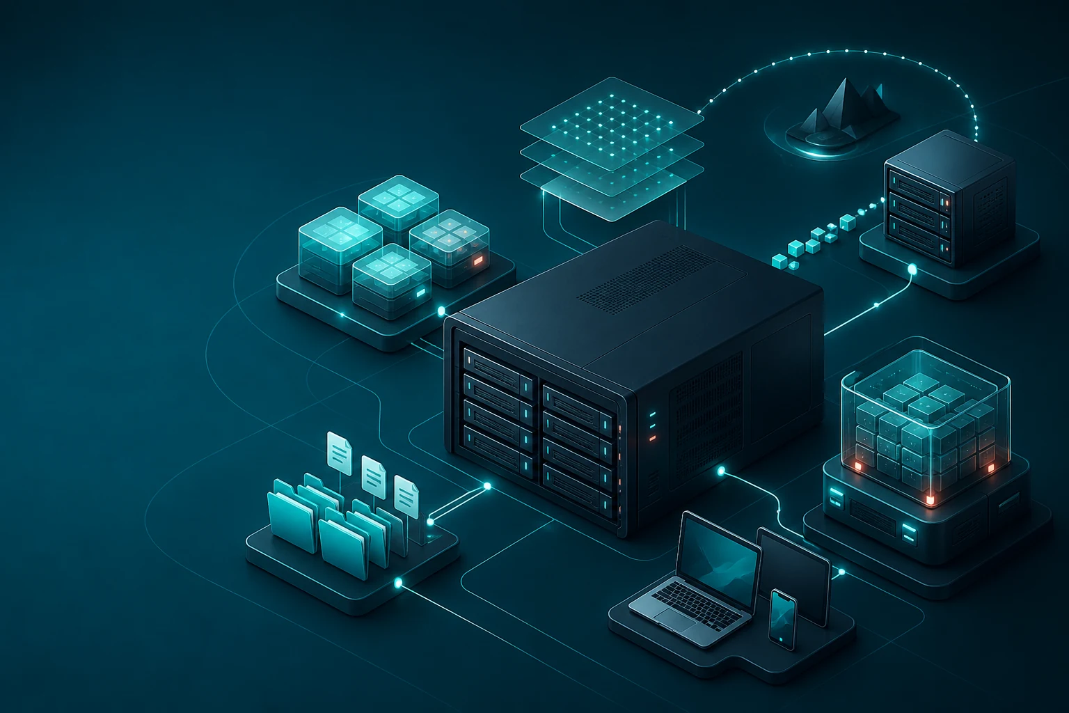 Isometric storage server connected to pools, client devices, snapshots, and replication